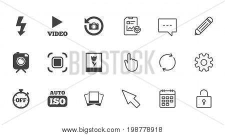Photo, video icons. Camera, photos and frame signs. Flash, timer and macro symbols. Chat, Report and Calendar line signs. Service, Pencil and Locker icons. Click, Rotation and Cursor. Vector