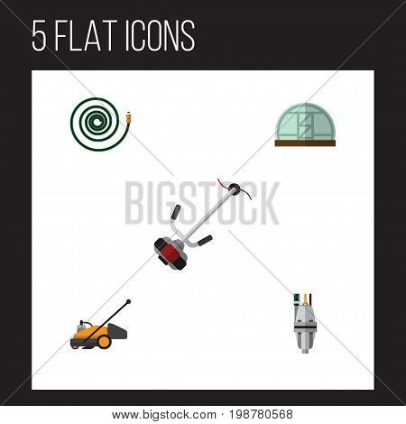 Flat Icon Garden Set Of Hothouse, Lawn Mower, Hosepipe And Other Vector Objects
