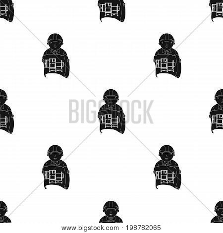 Architect with technical drawing icon in black design isolated on white background. Architect symbol stock vector illustration.
