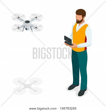 Isometric man with drone quadrocopter, Remote aerial drone with a camera taking photography or video recording. game sevremennaya, isometrics businessman. On a light background. Vector illustration