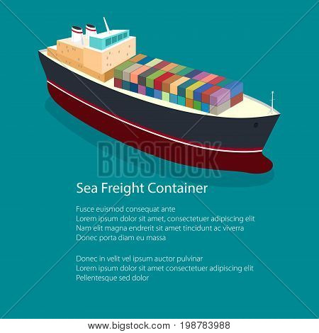 Flyer Isometric Container Ship on the Water and Text a Top View of a Cargo Ship with Containers on Board in the Ocean Poster Brochure Design Vector Illustration