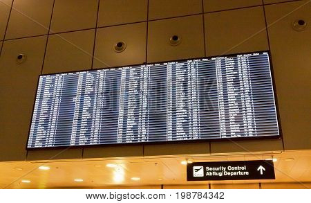 Zurich Switzerland - June 11 2017: Airport departure board Security Control (Abflug)