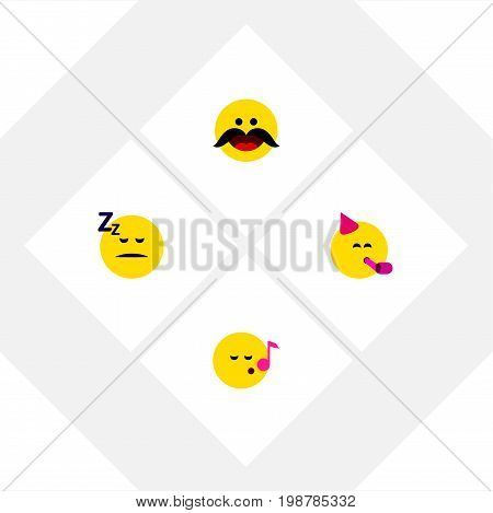 Flat Icon Emoji Set Of Cheerful, Party Time Emoticon, Descant And Other Vector Objects