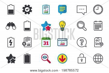 Battery charging icons. Electricity signs symbols. Charge levels: full, half and low. Chat, Report and Calendar signs. Stars, Statistics and Download icons. Question, Clock and Globe. Vector