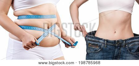 Collage of female body before and after weight loss over white background
