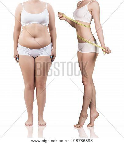 Collage of female body before and after weight loss over white background