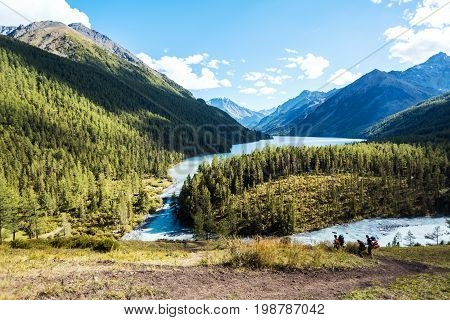 Beautiful view of mountains and lake. Kucherla lake. Altay.