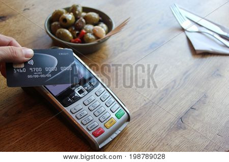 Contactless Payment Card Pdq Background Copy Space With Hand Holding Credit Card To Pay