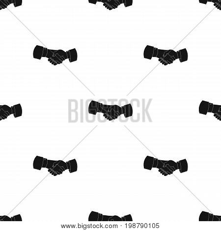 Handshake icon in black design isolated on white background. Conference and negetiations symbol stock vector illustration.