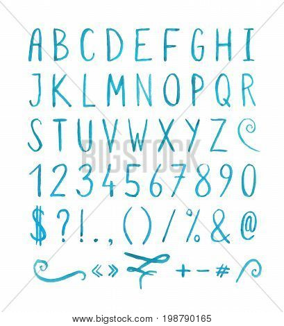 Hand drawn blue watercolor font with punctuation marks on white background. Font contains question mark, exclamation point, period, comma, dash, hyphen, bracket, parenthesis. Vector illustration.