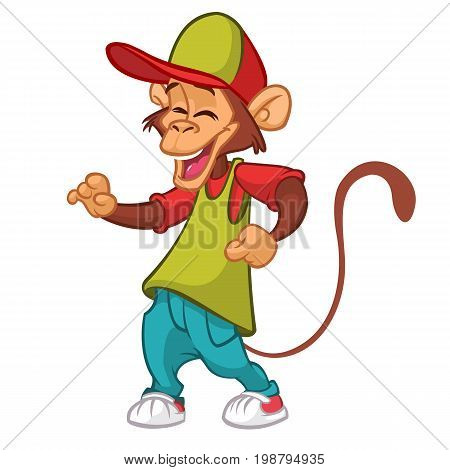 Cool monkey rapper character in modern clothes. Vector flat cartoon illustration outlined. Chimpanzee dancing