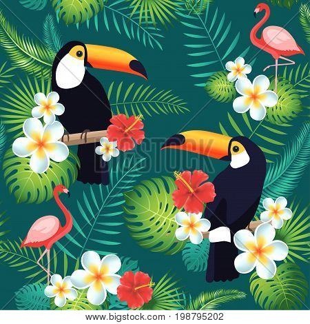 Tropical seamless pattern with toucans flamingos exotic leaves and flowers. Vector illustration
