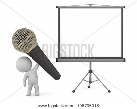 3D character with a large microphone and a projector screen. Isolated on white background.
