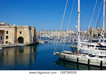 VITTORIOSA, MALTA - MARCH 31, 2017 - View of Vittoriosa and Senglea marina with views towards Valletta Vittoriosa (Birgu) Malta Europe, March 31, 2017.
