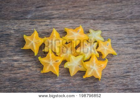 Star Fruits On Wooden Table. Thai Fruit : Star Fruit Is Popular In Asia, Sweet Taste Fruits. Star Fr