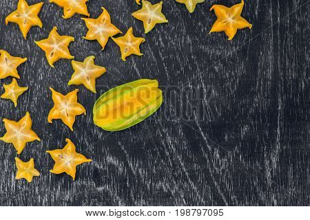 Star Fruits On Wooden Table. Thai Fruit : Star Fruit Is Popular In Asia, Sweet Taste Fruits. Star Fr