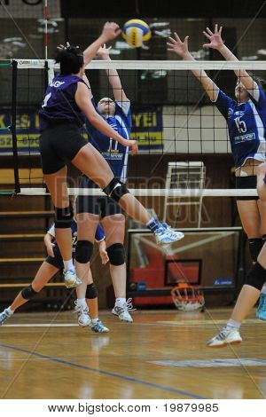 KAPOSVAR ฮังการี - 19 กุมภาพันธ์: Nagy (L) นัดลูกที่วอลเล่หญิงลี I. NB ฮังการี