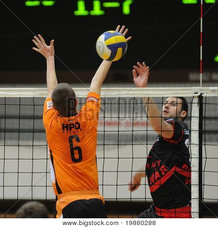 KAPOSVAR, Ungheria - 1 marzo: Bito (L) e Skoric (R) in azione a un campionato nazionale ungherese 