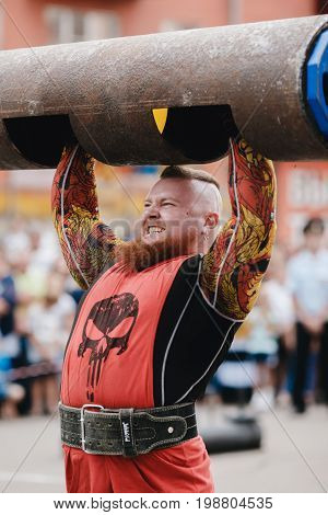 Osinniki, RUSSIA - July 28, 2017: Open festival on power extreme for Russian heroes bogatyrey.