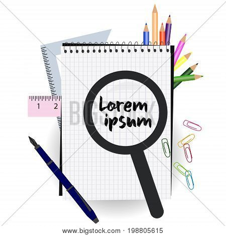 Back to school. Vector illustration. School back concept with scissors, notebook, magnifying glass, ruler, eraser, pencil pen