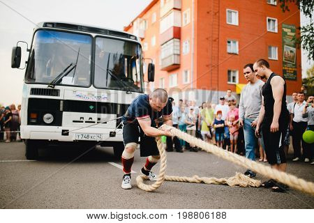 Osinniki, RUSSIA - July 28, 2017: Open festival on power extreme for Russian heroes bogatyrey.
