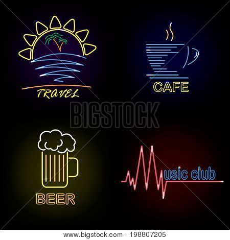 Set neon sign theme summer. bright signboard, light banner. Summer logo, emblem