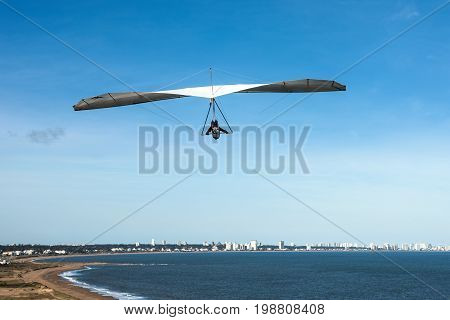 Hang-glider Flies Over The Punta Ballena Cape, Punta Del Este, Uruguay