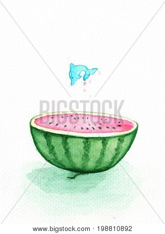 Dolphin jumps from watermelon watercolor painting. Hand-drawn watermelon half cut. Pink and green summer fruit. Fresh juice concept. Green fruit with pink flesh and black seed. Cute dolphin sea animal