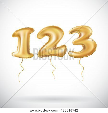 One Two Three Golden Numbers Made Of Inflatable Balloons Isolated On White Background. 123 Helium Ba