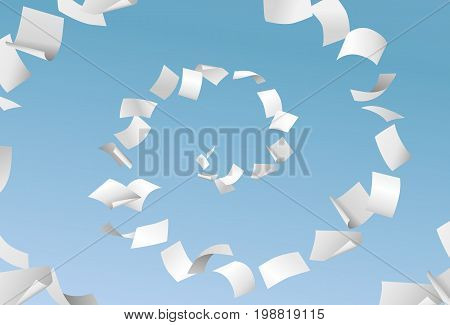 Vector empty papers flying in spiral on blue sky background - paperwork office documents