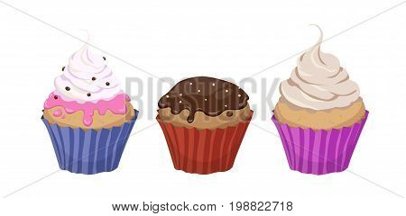 Set of three colorful cartoon illustrations of cupcakes with cream and icing on white background