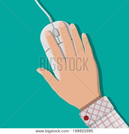 Simple computer or laptop mouse in hand of user. Wireless input device. Vector illustration in flat style