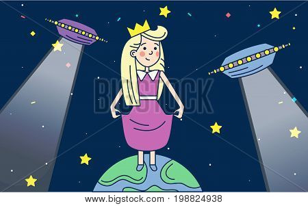 Vector save the planet concept. Flat cartoon happy girl and UFO in Space Isolated illustration in Space.