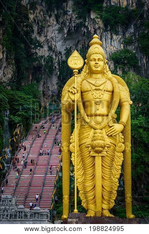 Statue of Lord Muragan and entrance at Batu Caves in Kuala Lumpur Malaysia.