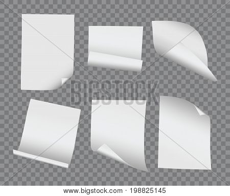 Vector realistic blank bent and curled paper collection on transparent background