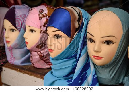 Hijab shoes on traditional Moroccan market (souk) in Fez Morocco