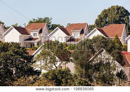 Homes houses cluster close living gated community in countryside with tree flora landscape..