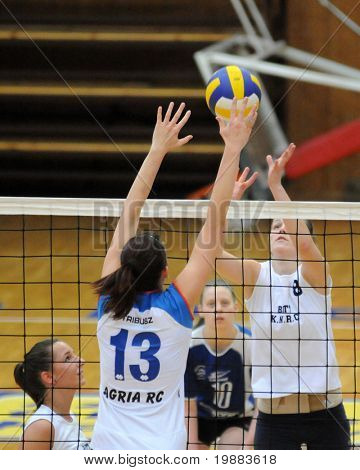 KAPOSVAR, Hungría - 21 de marzo: Timea Kondor (R) pulsa la bola a la mujer húngara NB I. Liga 