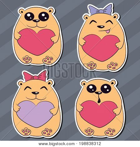 Set of funny animal stickers humsters heart