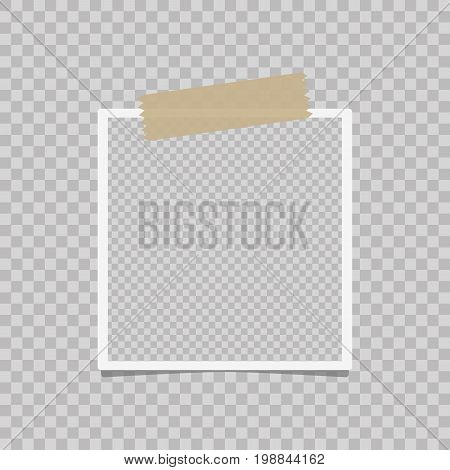 Photo frame on a isolated background. Realistic vector photo frame placed on transparent background. Realistic vector photo frame with straight edges on sticky tape placed vertically.