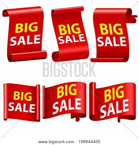 Big Sale Banne Ribbon Illustration. Set of red sale banners. Ribbons and sticker Paper scrolls. Red 3d detailed realistic curved paper sale ribbon banner. Sale banner Realistic Red paper ribbon
