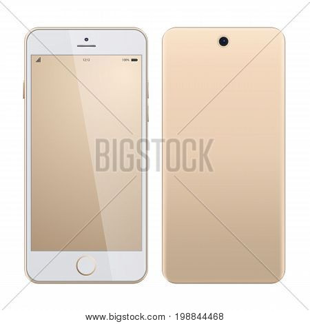 Gold smartphone mockup on white background. Realistic white smartphone isolated on white background.