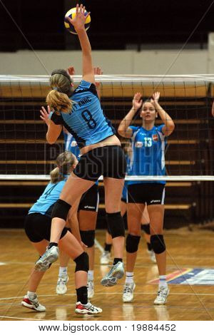 KAPOSVAR, Hungría - el 20 de febrero: Timea Kondor (C) pulsa la bola en la volea de mujer Copa húngara