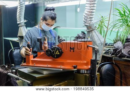 MOSCOW, RUSSIA - FEBRUARY 21, 2017: Moscow shoe factory JSC RALF RINGER. Shop processing of leather blanks.