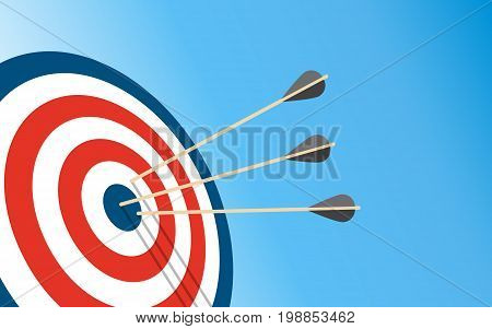 Archery Target With 3 Arrows Dart arrow hitting center target on blue background flat vector illustration