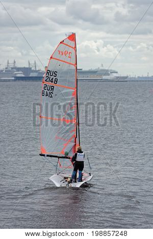 ST. PETERSBURG, RUSSIA - JULY 5, 2017: Training in sailing on 29er dinghy in the Gulf of Finland near the yacht club of St. Petersburg. Yacht club organizes sailing classes and holds sports regattas
