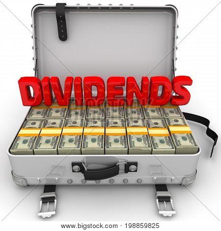 Dividends. A suitcase filled with packs of American dollars with red word 
