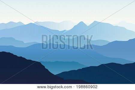 Vector landscape with blue silhouettes of hills and mountains with light blue sky