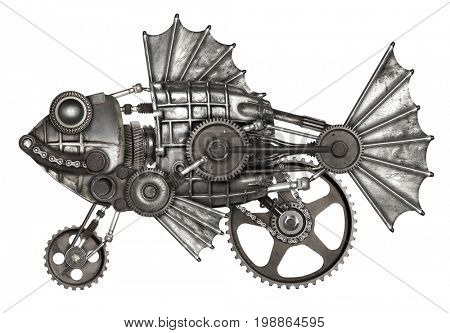 Steampunk style fish, european perch (Perca fluviatilis). Mechanical animal photo compilation