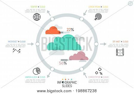 Infographic design template, clouds surrounded by 6 elements connected with pictograms and text boxes by arrows pointing inward and outward. File storage visualization concept. Vector illustration.